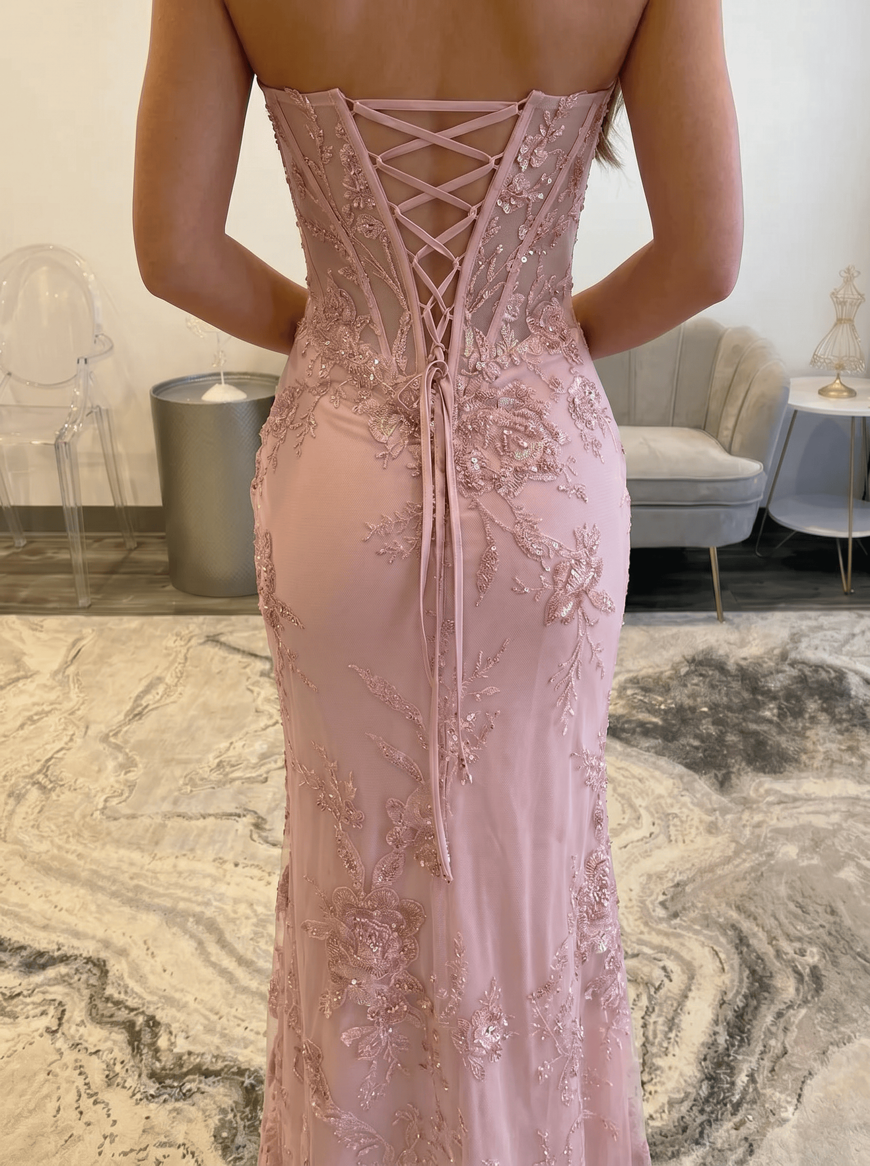Dusty Pink Glitter Lace Mermaid Prom Dress Strapless Sweetheart Illusion Cage Corset Bodice High Slit Lace-Up Back Floor Length