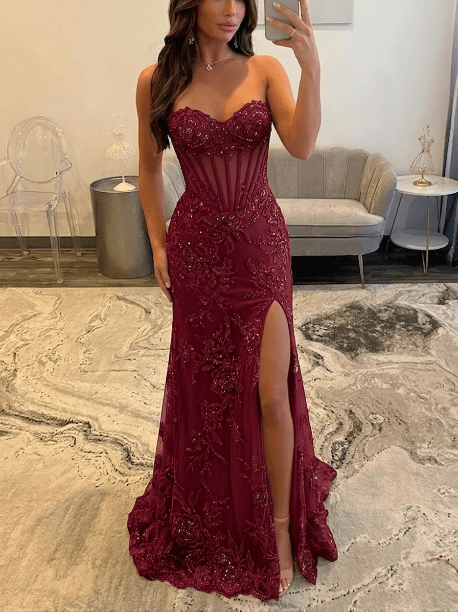 Dusty Pink Glitter Lace Mermaid Prom Dress Strapless Sweetheart Illusion Cage Corset Bodice High Slit Lace-Up Back Floor Length