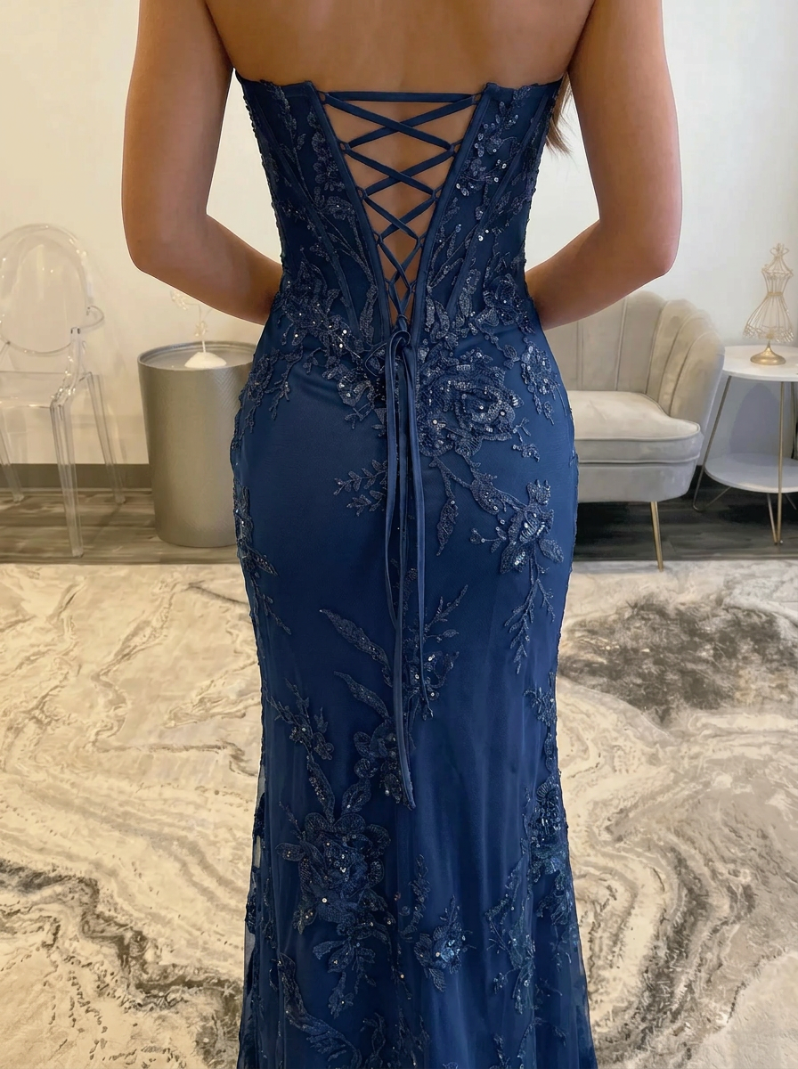 Dusty Pink Glitter Lace Mermaid Prom Dress Strapless Sweetheart Illusion Cage Corset Bodice High Slit Lace-Up Back Floor Length