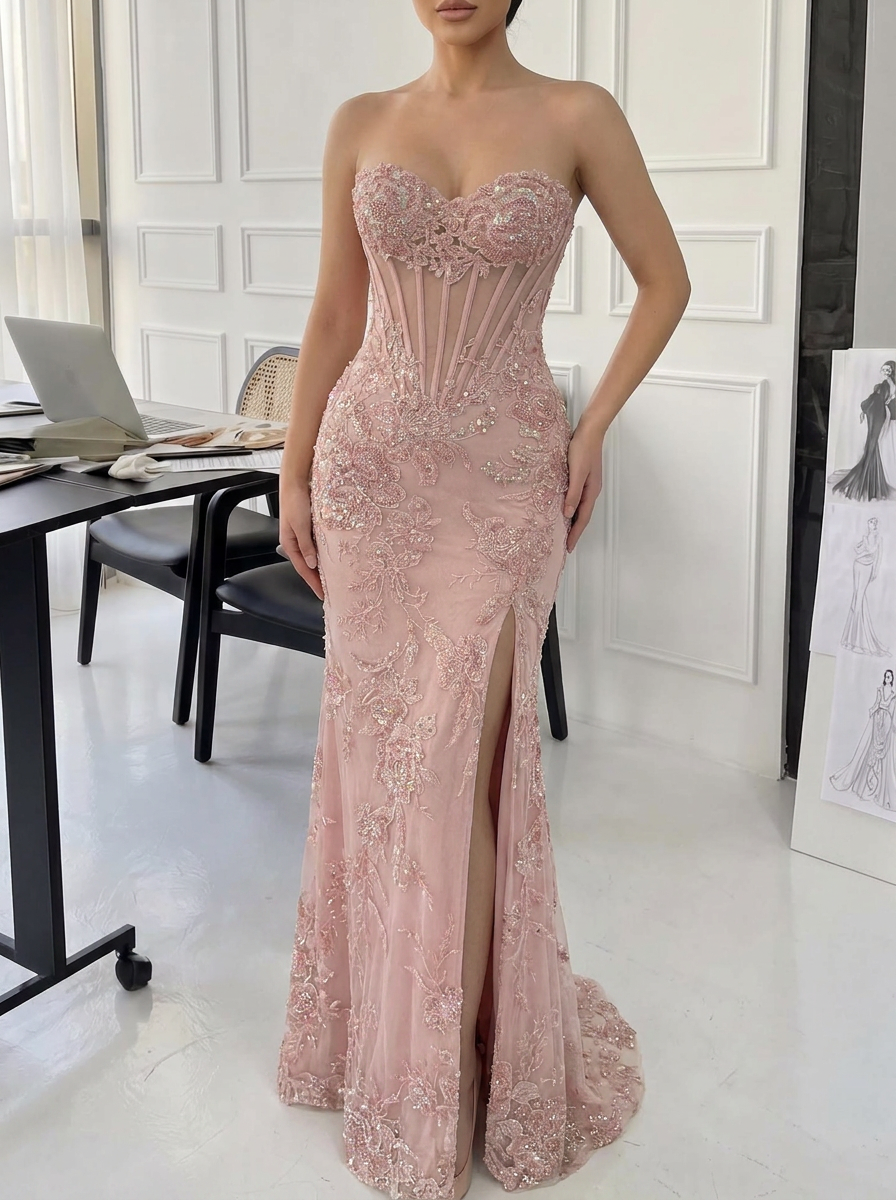 Dusty Pink Glitter Lace Mermaid Prom Dress Strapless Sweetheart Illusion Cage Corset Bodice High Slit Lace-Up Back Floor Length