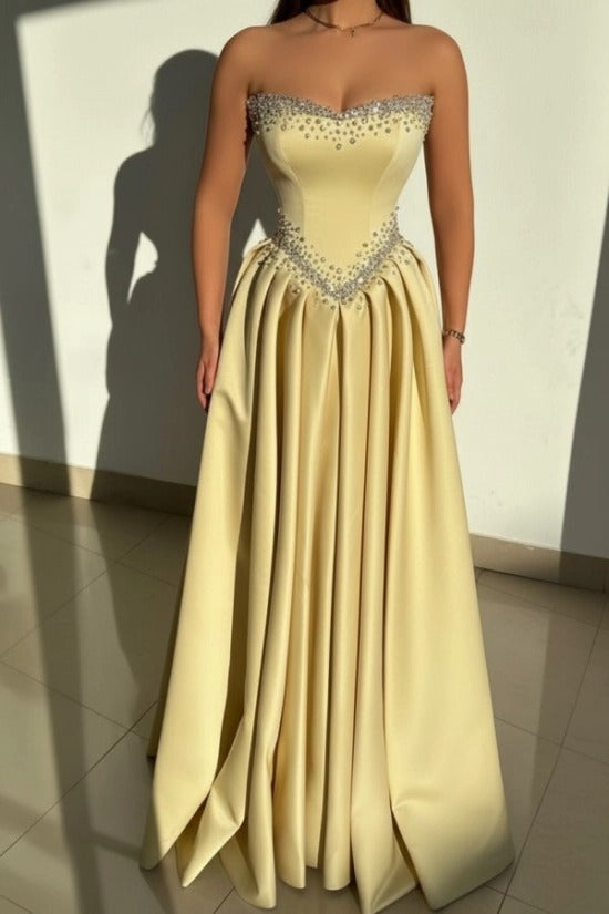 Dusty Pink Rhinestone Strapless Sweetheart Beaded Satin A-Line Floor Length Evening Gown