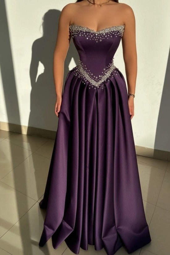 Dusty Pink Rhinestone Strapless Sweetheart Beaded Satin A-Line Floor Length Evening Gown