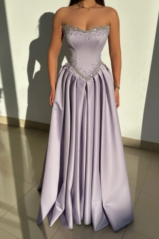 Dusty Pink Rhinestone Strapless Sweetheart Beaded Satin A-Line Floor Length Evening Gown