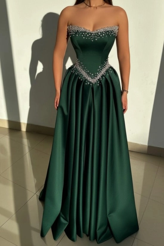 Dusty Pink Rhinestone Strapless Sweetheart Beaded Satin A-Line Floor Length Evening Gown