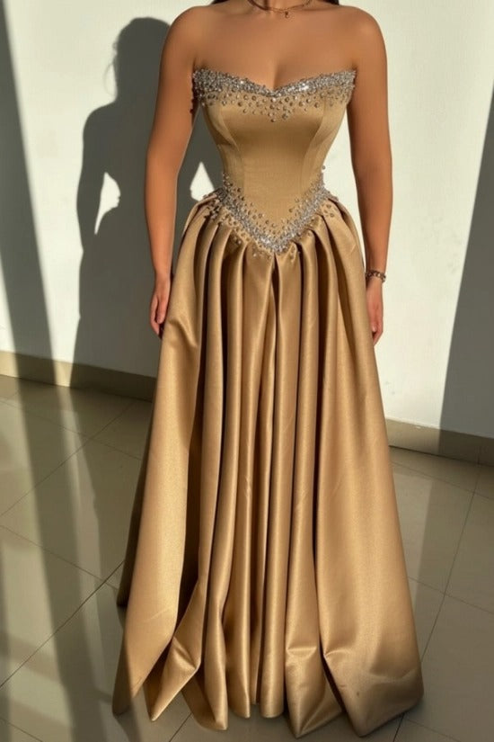 Dusty Pink Rhinestone Strapless Sweetheart Beaded Satin A-Line Floor Length Evening Gown