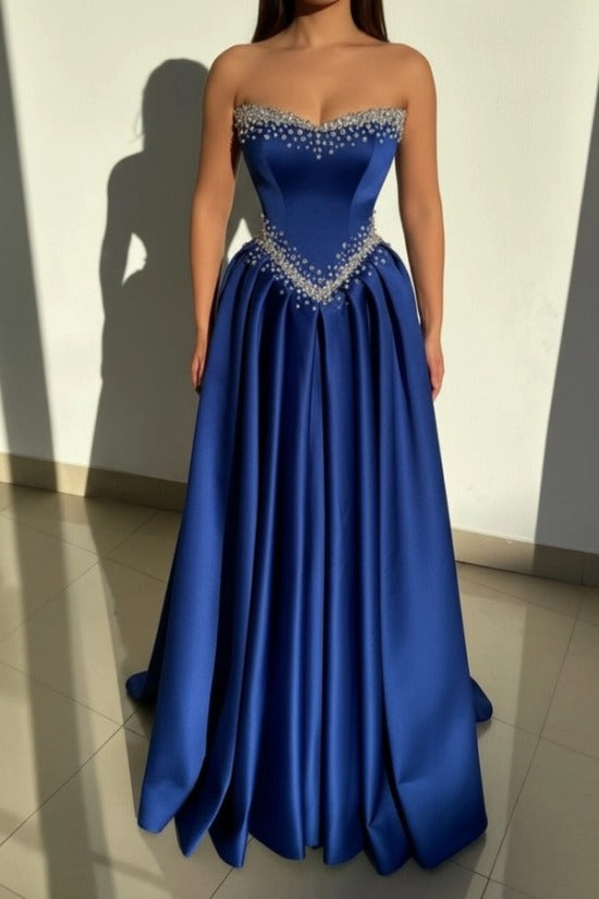 Dusty Pink Rhinestone Strapless Sweetheart Beaded Satin A-Line Floor Length Evening Gown