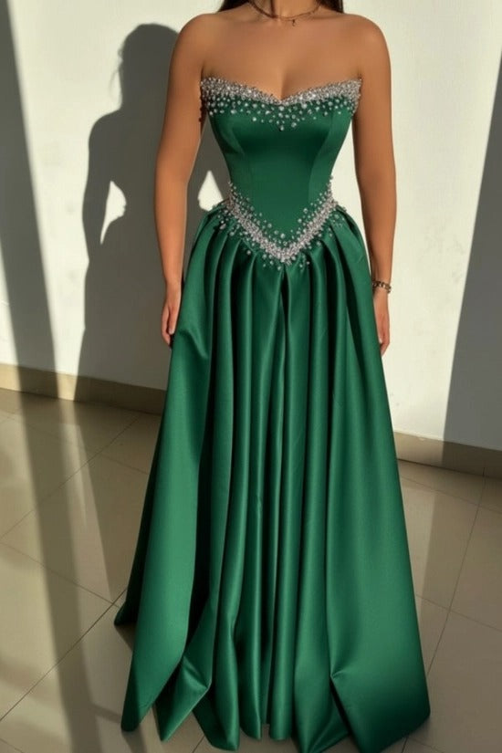Dusty Pink Rhinestone Strapless Sweetheart Beaded Satin A-Line Floor Length Evening Gown