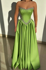 Dusty Pink Rhinestone Strapless Sweetheart Beaded Satin A-Line Floor Length Evening Gown