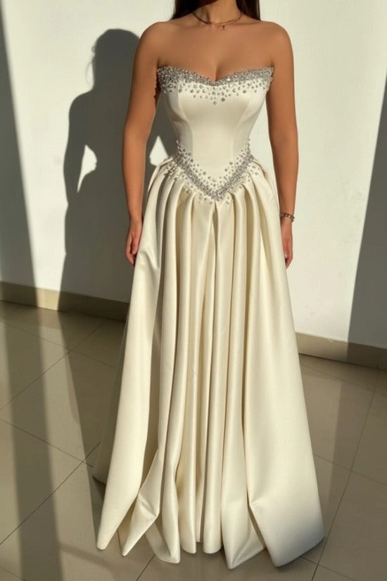 Dusty Pink Rhinestone Strapless Sweetheart Beaded Satin A-Line Floor Length Evening Gown