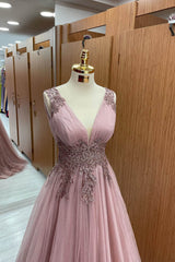 Dusty Pink Sleeveless A Line Formal Dress Tulle Long With Appliques V Neck