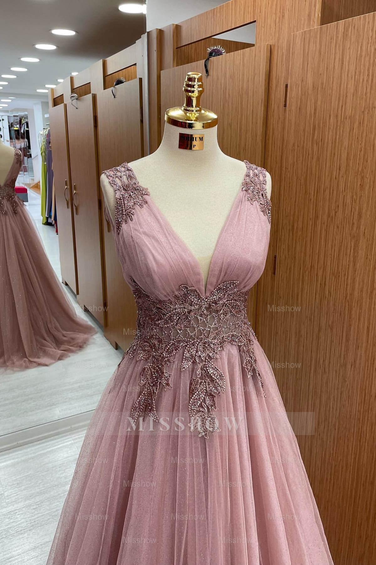 Dusty Pink Sleeveless A Line Formal Dress Tulle Long With Appliques V Neck