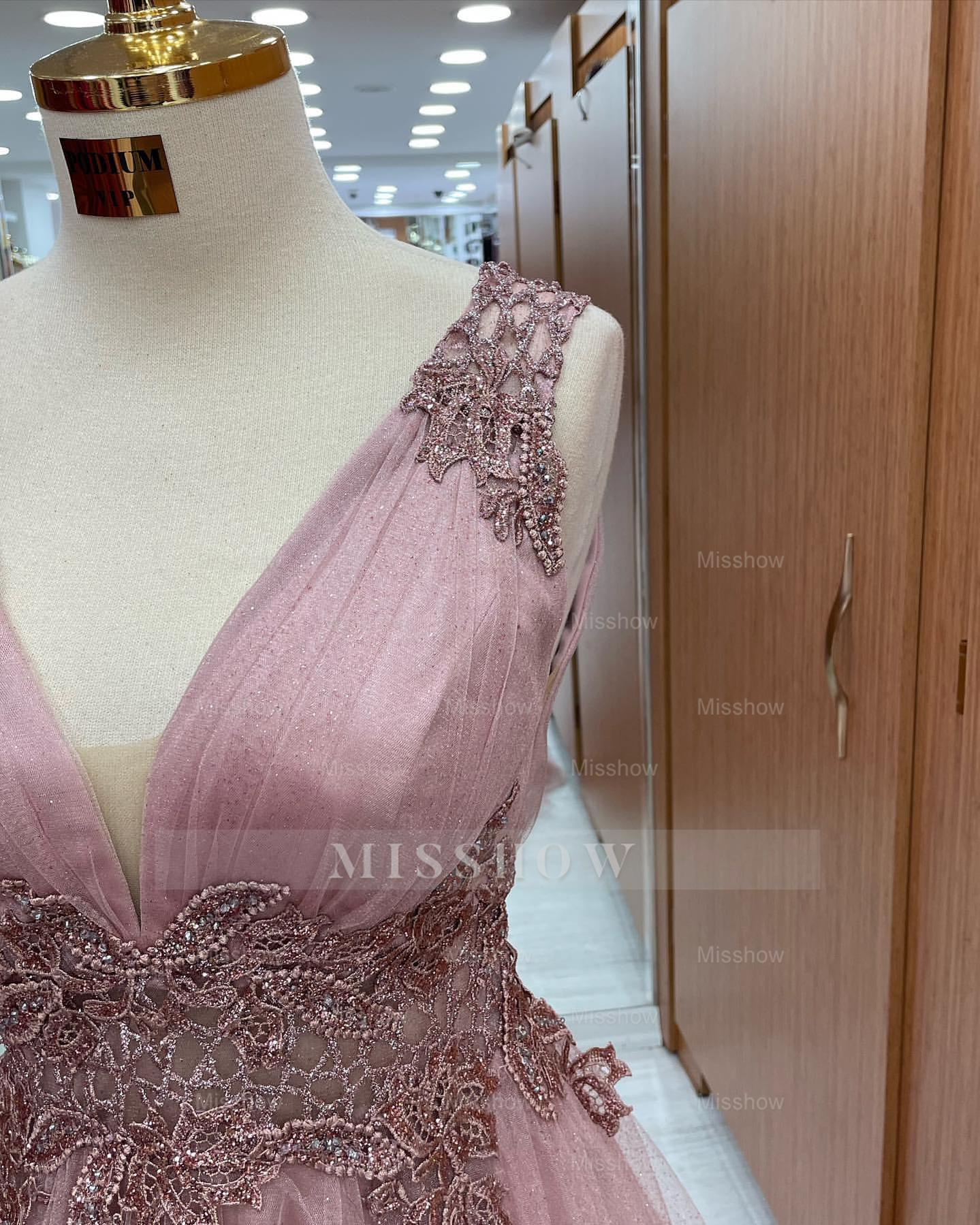 Dusty Pink Sleeveless A Line Formal Dress Tulle Long With Appliques V Neck