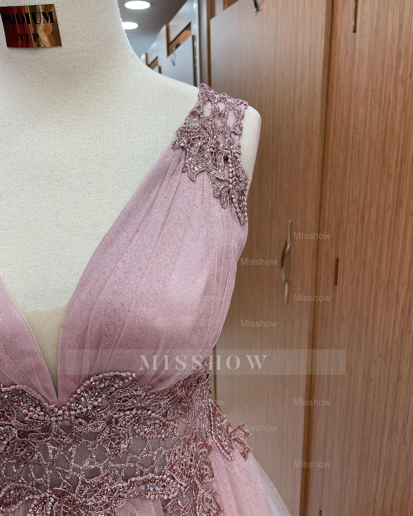 Dusty Pink Sleeveless A Line Formal Dress Tulle Long With Appliques V Neck