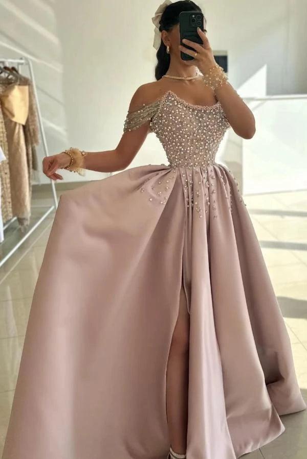 Dusty Rose Pearl Beaded A-Line Evening Dress Off Shoulder Sheer Long Sleeves Thigh-High Slit Formal Gown
