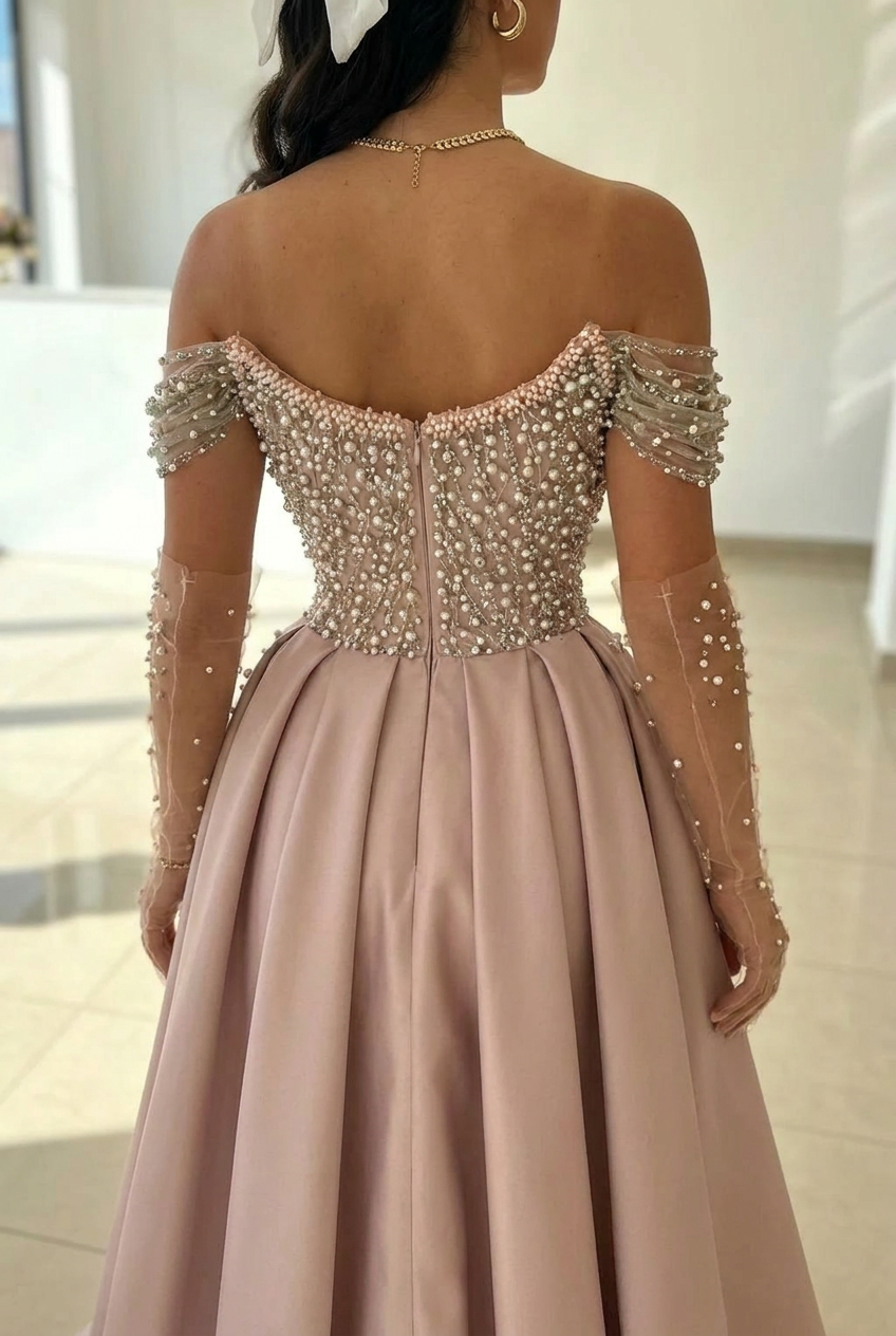 Dusty Rose Pearl Beaded A-Line Evening Dress Off Shoulder Sheer Long Sleeves Thigh-High Slit Formal Gown