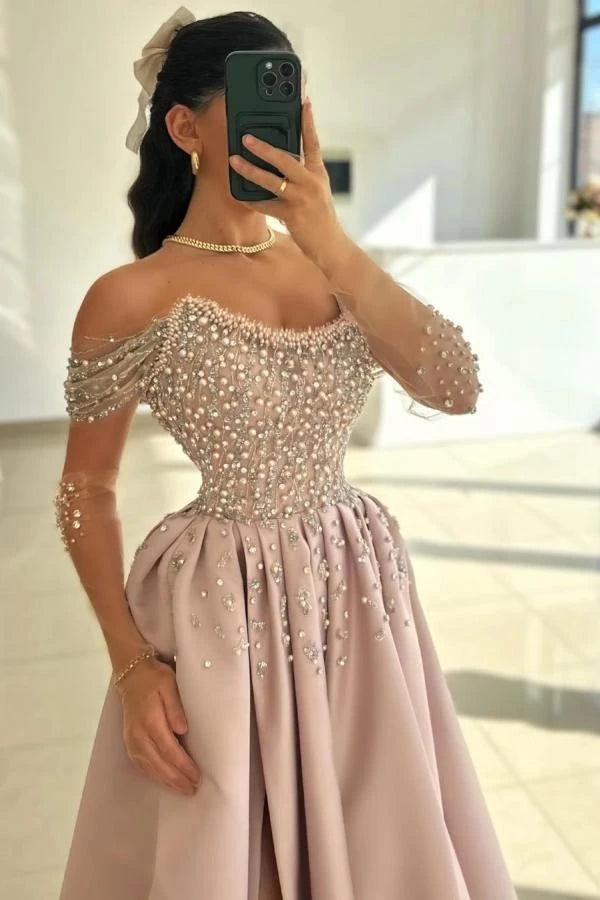 Dusty Rose Pearl Beaded A-Line Evening Dress Off Shoulder Sheer Long Sleeves Thigh-High Slit Formal Gown