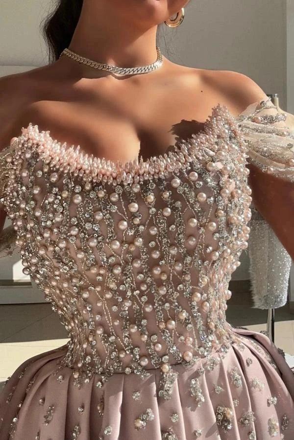 Dusty Rose Pearl Beaded A-Line Evening Dress Off Shoulder Sheer Long Sleeves Thigh-High Slit Formal Gown