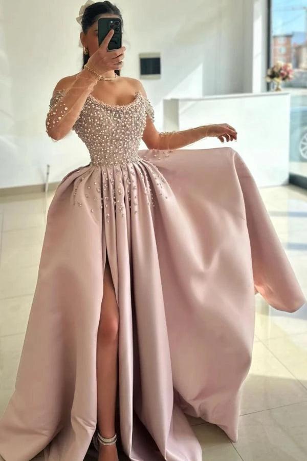 Dusty Rose Pearl Beaded A-Line Evening Dress Off Shoulder Sheer Long Sleeves Thigh-High Slit Formal Gown