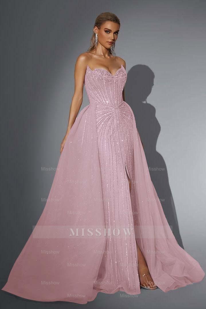 Dusty Rose Strapless Sweetheart A-Line Sequined Floor Length Formal Evening Gown