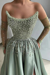Dusty Sage Pearl Beaded A-Line Evening Dress Off Shoulder Sheer Long Sleeves Thigh-High Slit Formal Gown