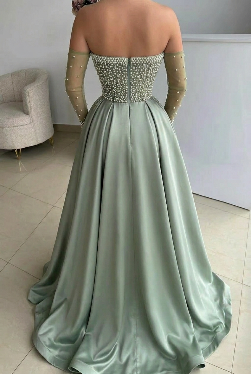 Dusty Sage Pearl Beaded A-Line Evening Dress Off Shoulder Sheer Long Sleeves Thigh-High Slit Formal Gown