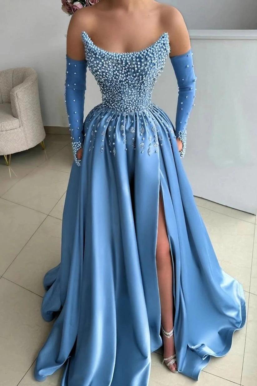 Dusty Sage Pearl Beaded A-Line Evening Dress Off Shoulder Sheer Long Sleeves Thigh-High Slit Formal Gown