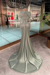 Dusty Sage Satin Mermaid Evening Dress High Neck Long Sleeves Allover Crystal Gemstone Beaded Illusion Bodice Crystal Floral Brooch Center Drape Royal Cathedral Train Formal Gown