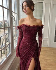 Eleagnt Long Burgundy Off-the-shoulder Sequined Formal Dress with Long Sleeves