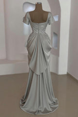 Eleagnt Silver Long Mermaid Beaded Formal Dresses with Short Sleeves