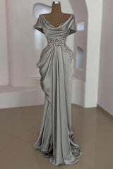 Eleagnt Silver Long Mermaid Beaded Formal Dresses with Short Sleeves