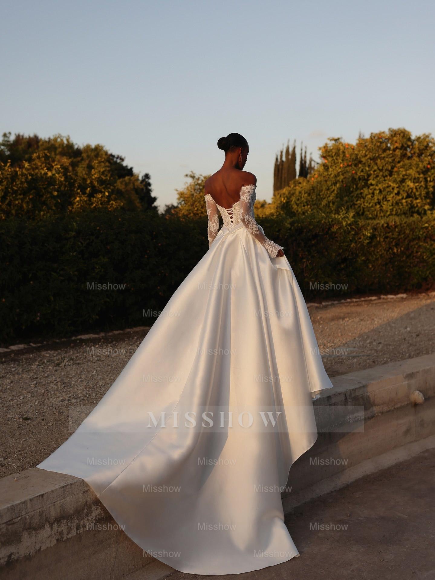 Eleagnt White Off-the-shoulder Lace Long Wedding Dress with Slit and Long Sleeves