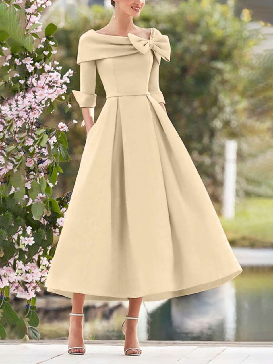 Elegant A-Line Princess Dresses with Cowl Neck and Bows 3/4 Sleeves Tea Length for Mothers of the Bride & Groom