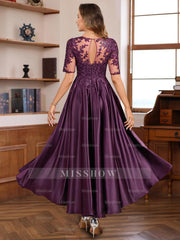 Elegant A-Line Princess Round Neck Short Sleeve Asymmetrical Mother of the Bride & Groom Dress with Lace Appliques