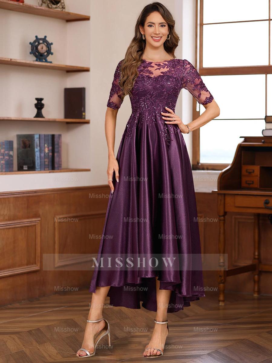 Elegant A-Line Princess Round Neck Short Sleeve Asymmetrical Mother of the Bride & Groom Dress with Lace Appliques