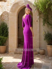 Elegant A-Line Princess Scoop Neck Mother of the Bride Dress with 3/4 Sleeves Ruffles & Flower