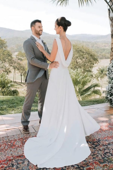 Elegant A-Line Satin Sleeveless White Wedding Dress With Train