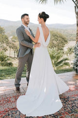 Elegant A-Line Satin Sleeveless White Wedding Dress With Train
