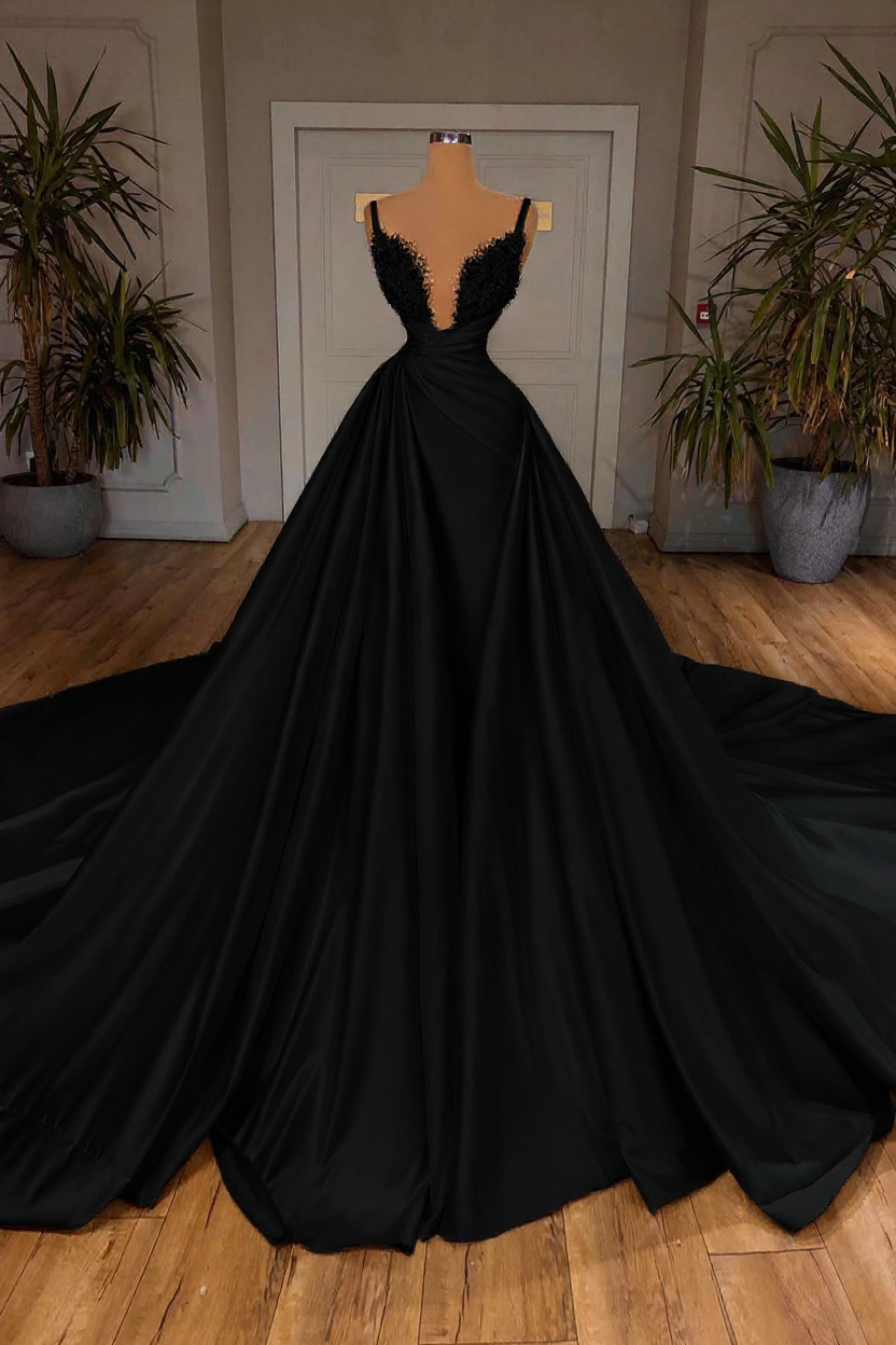 Elegant A-Line Sleeveless Spaghetti Strap Cathedral V-neck Long Wedding Dress