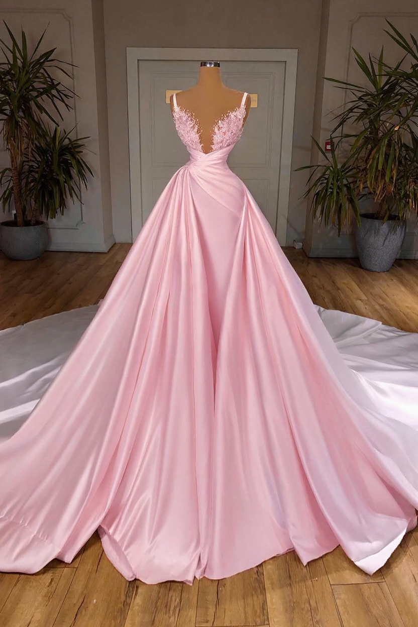 Elegant A-Line Sleeveless Spaghetti Strap Cathedral V-neck Long Wedding Dress