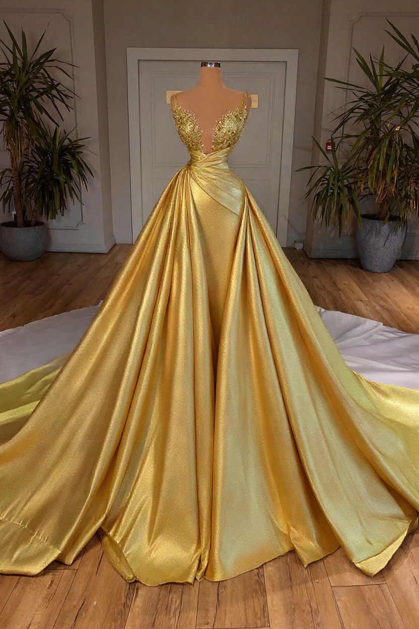Elegant A-Line Sleeveless Spaghetti Strap Cathedral V-neck Long Wedding Dress