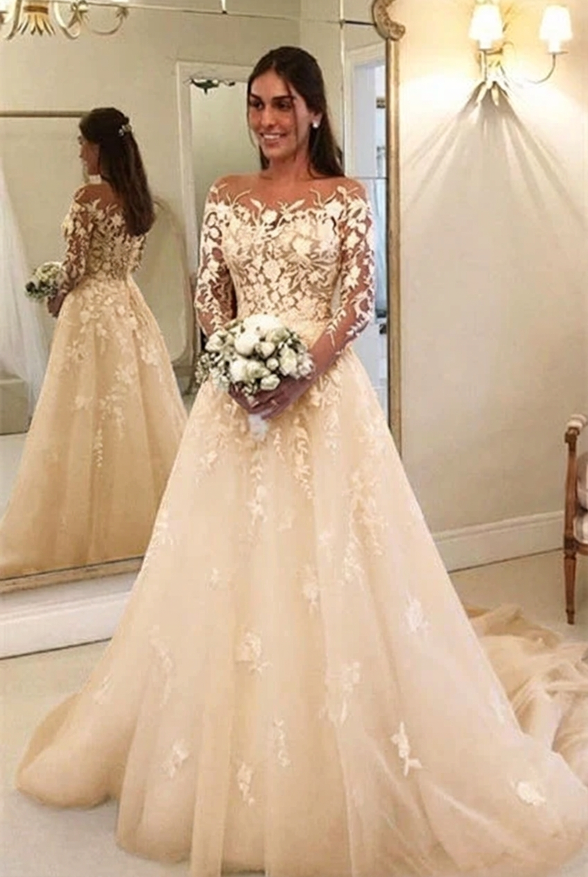 Champagne scoop applique a-line wedding dress