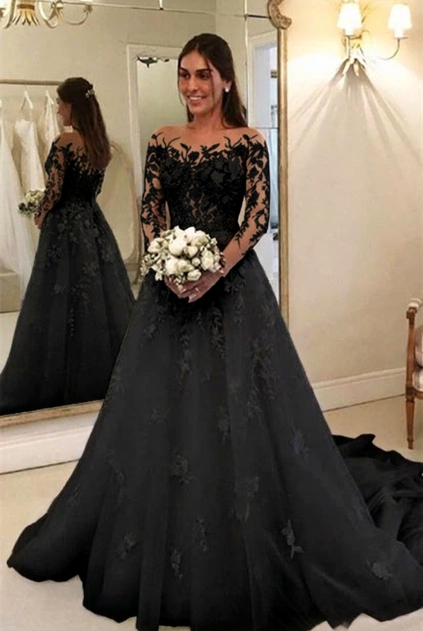 Black scoop applique a-line wedding dress