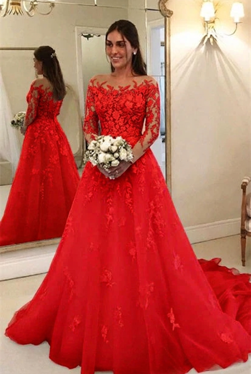 Red scoop applique a-line wedding dress