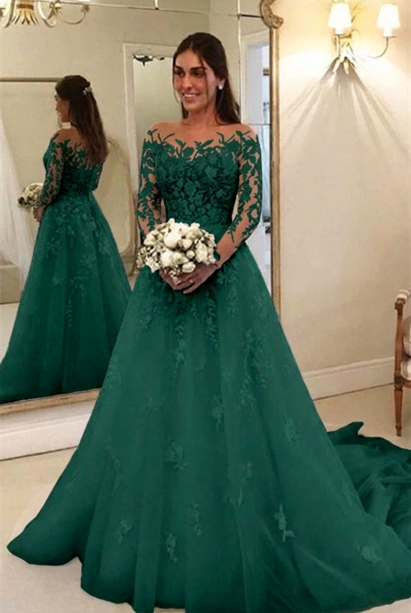 Dark green scoop applique a-line wedding dress