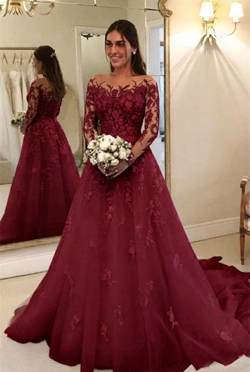 Burgundy scoop applique a-line wedding dress
