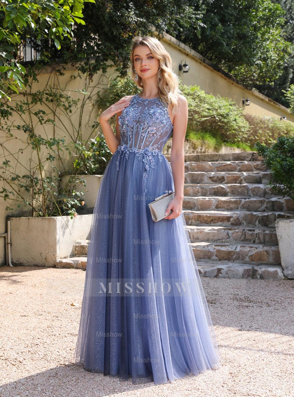 Elegant A-line Crew Neck Tulle Floor Length Dress with Appliques Dusty Blue Dusty Blue / XL Elegant A-line Crew Neck Tulle Floor Length Dress with Appliques Dusty Blue Dusty Blue / XL
