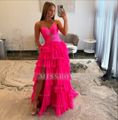 Fuchsia strapless split-front A-line prom dress