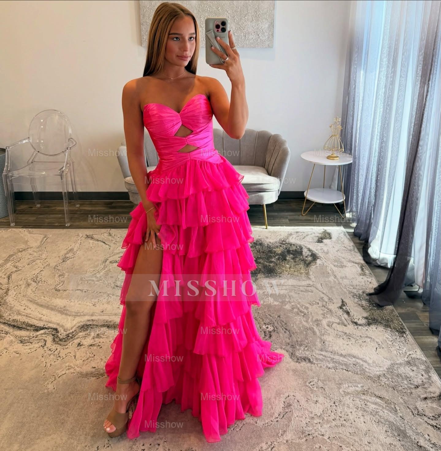 Fuchsia strapless split-front A-line prom dress