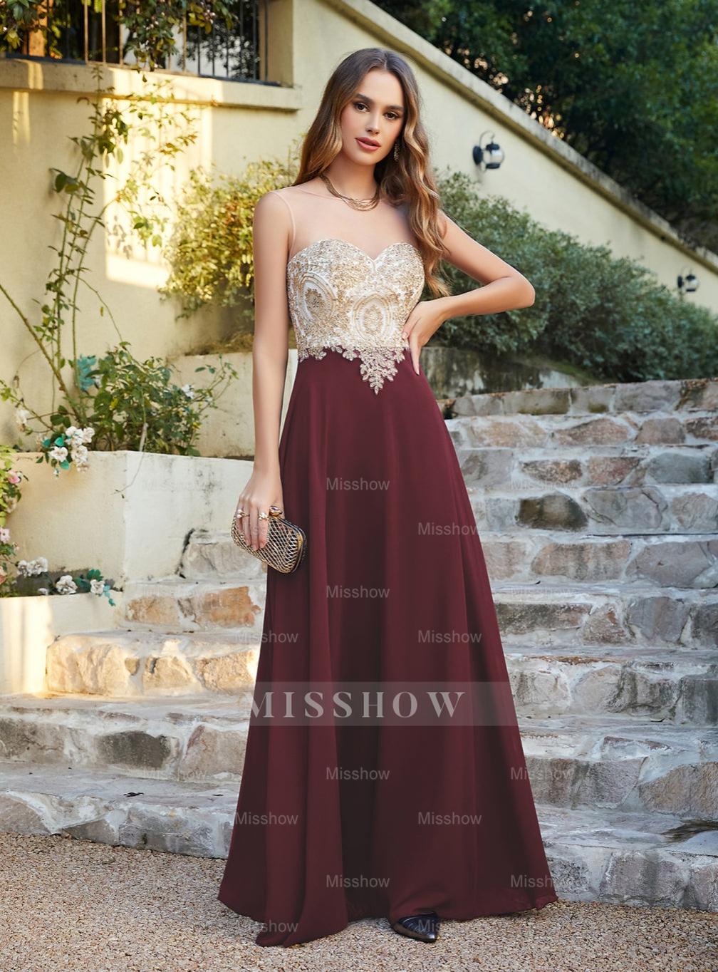 Elegant A-line Scoop Chiffon Appliques Floor-Length Dresses Dark Navy Burgundy / S Elegant A-line Scoop Chiffon Appliques Floor-Length Dresses Dark Navy Burgundy / S