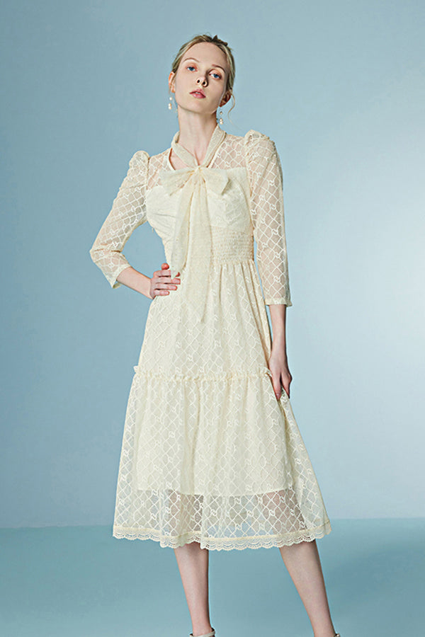 Elegant A-line Tea Length Lace Dress with Long Sleeves